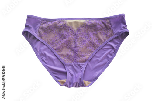 Stylish lilac, purple women's panties with lace on a white background. Lingerie.