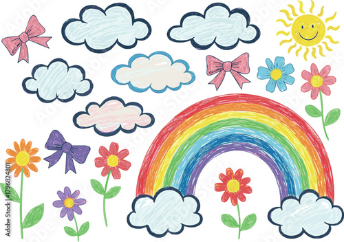  Create Crayon drawn kid doodle collection. Colorful childish elements like clouds, flowers, bows, rainbows and sun. Adorable girly doodle collection. Naive vector illustrations. Crayon drawn kid draw