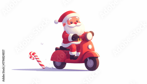 Santa Claus on a Scooter with a Candy Cane, spreading Holiday Cheer, vectorized, detailed vector