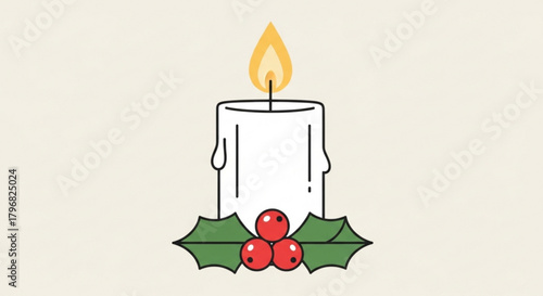 Warm white candle with vibrant holly berries and leaves evokes cozy winter festive spirit for holiday celebrations and seasonal decor projects
