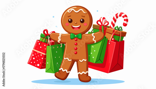 Cheerful Gingerbread Man Carrying Christmas Gifts and Candy