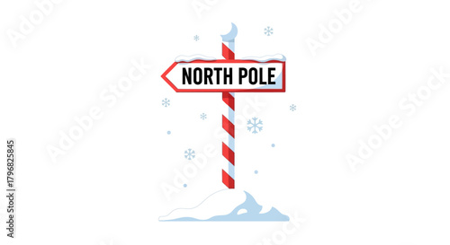 North Pole directional sign in a snowy landscape during winter season
