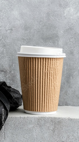 A disposable brown paper coffee cup with a white lid sits on a textured concrete surface, with a black fabric item to the left.