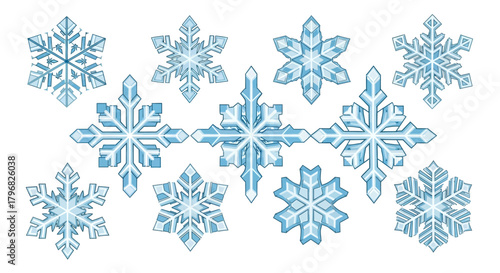 Collection of Blue Snowflakes on a White Background for Winter Holiday Designs