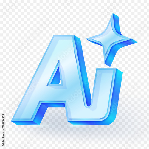 Glossy 3d AI icon in blue with sparkling star, representing artificial intelligence, technology and innovation. Perfect for tech related designs and digital projects. Vector illustration.