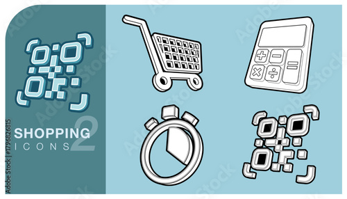 Collection icons line art for shopping and e-commerce. Includes a QR code, shopping cart, calculator and stopwatch, perfect for apps, websites, presentations and retail design. Vector illustration.