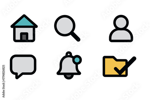 Collection of simple icons representing home, search, user, message, notification, and folder