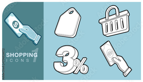 Set 3d outline style shopping and discount icons including a hand holding money, a price tag, a shopping basket, and 3%. Ideal for e-commerce, retail or finance concepts. Vector illustration.
