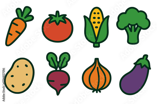 Colorful collection of fresh vegetables with simple illustrations showcasing carrots, tomatoes, corn, broccoli, and more
