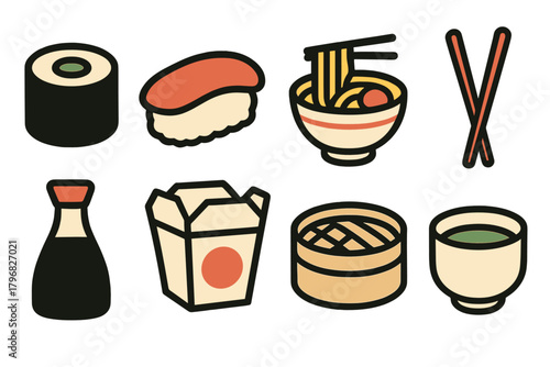 Delicious Asian cuisine including sushi, noodles, tea, and dim sum displayed in a vibrant arrangement