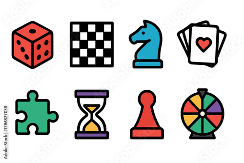 Various board game pieces and elements displayed in colorful icons for family game night enjoyment