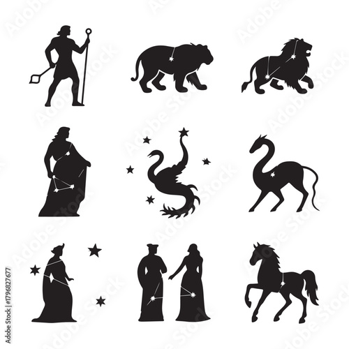 Classical Constellations Hercules, Leo, Virgo, Draco, Pegasus, and Other Mythological Figures.