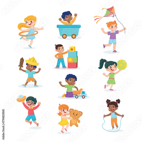 Joyful Kids Playing Together With Toys And Outdoors Activities Illustration Collection