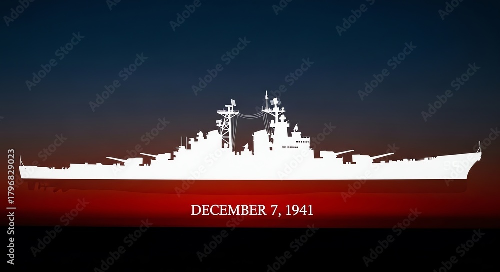 Naklejka premium Battleship silhouette with December 7, 1941 date