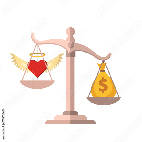 Justice Scale Balancing Love and Money Concept Vector. Heart with Wings vs Dollar Bag Illustration. Value and Finance Comparison Clipart.
