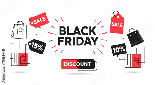 Black Friday sale promotion with shopping bags, price tags, discount, and credit cards on white background.