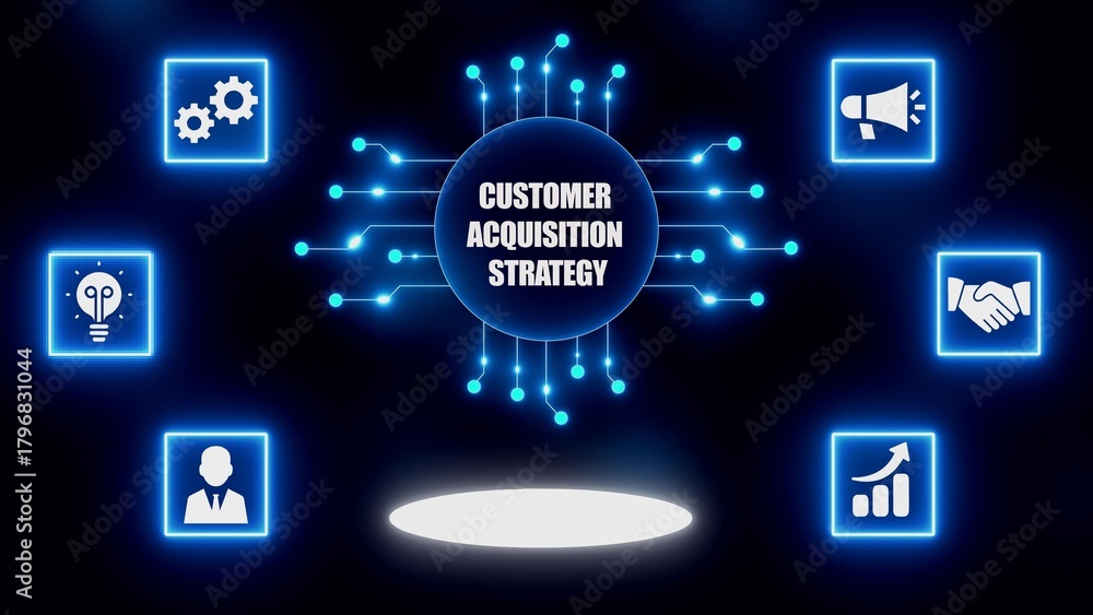 Naklejka premium Customer Acquisition Strategy Concept with Digital Network and Icons on Dark Background marketing business