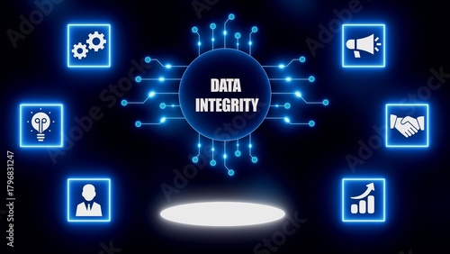 Data Integrity Concept with Digital Network and Business Icons on Black Background data quality data accuracy