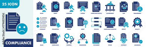 Compliance Icon Set Collection. Consist Of Rules, Verify, Conform, License, Compliance Metric, Government, Law, Requirement, Checklist, Evaluation. Simple Flat Vector Illustration.