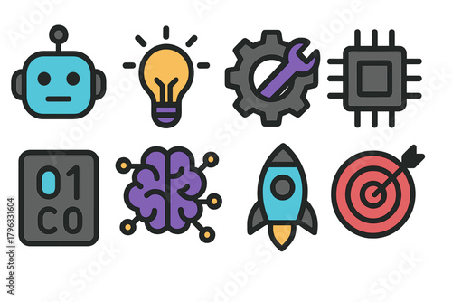 Various icons representing technology, innovation, and programming in a colorful design, suitable for digital or educational use