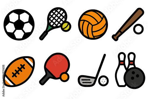 Variety of sports equipment displayed including soccer balls and tennis rackets at a colorful background