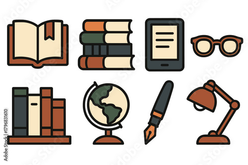 Various studying tools including books, glasses, and a globe are displayed against a light background, ideal for education and learning