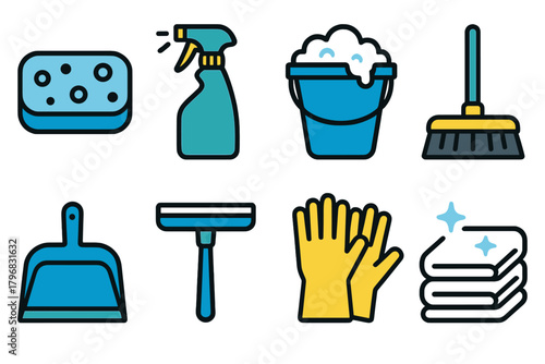 Cleaning supplies and tools for an efficient home cleaning routine in a bright indoor space