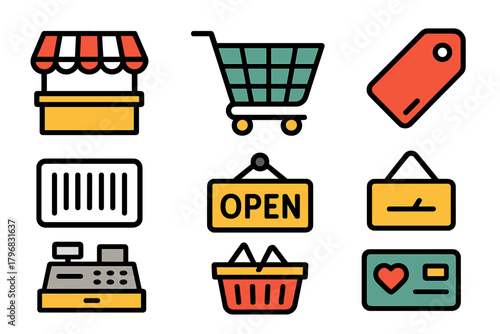 Shopping icons depicting various retail elements like carts, tags, and signs representing an open market
