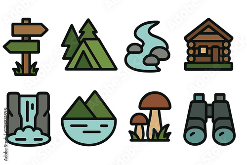 Nature-themed adventure icons for outdoor activities and camping experiences