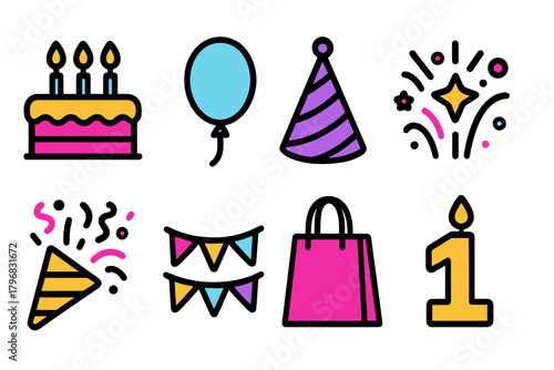 Colorful party decorations featuring cake, balloons, and festive items for a joyful celebration