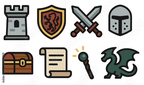Symbols of a fantasy adventure with castle, shields, swords, and mystical elements