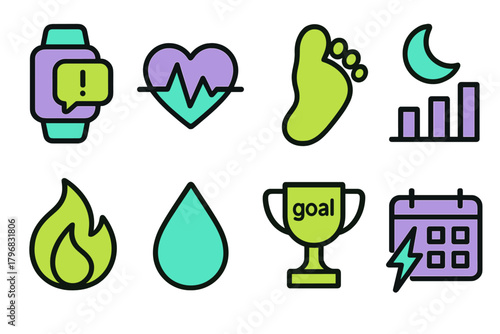 Health and fitness icons representing tracking progress, goals, and well-being in a modern lifestyle