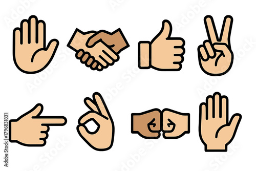 Various hand gestures representing communication, cooperation, and positivity in a graphic design