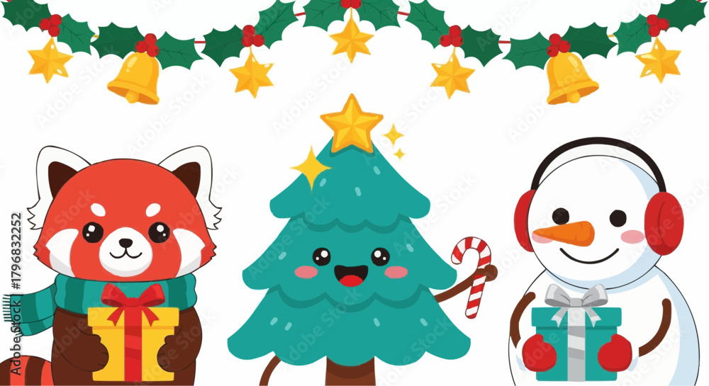 Fototapeta premium Adorable Christmas illustration of a red panda, a kawaii Christmas tree, and a snowman celebrating the holidays with gifts.