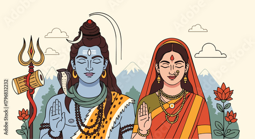 Flat vector illustration of god shiva and parvati, The background features mountains, flowers and clouds creating a peaceful and sacred atmosphere.