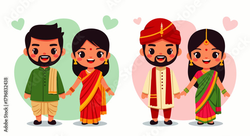 Flat vector illustration of two cute Indian couples side by side in traditional Indian attire, cartoon characters of the bride and groom. Perfect for wedding invitations.