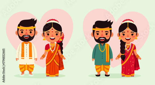 Flat vector illustration of two cute Indian couples side by side in traditional Indian attire, cartoon characters of the bride and groom. Perfect for wedding invitations.