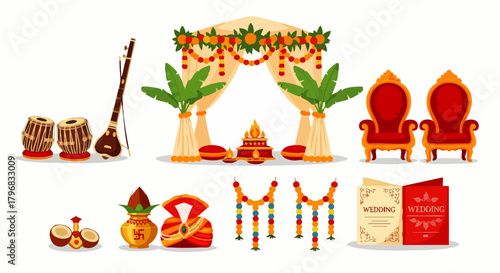 Flat vector illustration of Indian wedding mandap (stage) with Indian wedding elements