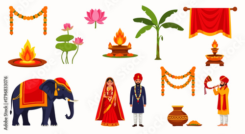 A collection of flat vector illustrations of several isolated Indian Hindu wedding elements. Perfect for culturally themed designs, wedding invitations, or festival illustrations.