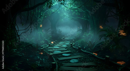 Fototapeta Naklejka Na Ścianę i Meble -  Mysterious journey through a misty rainforest path, inviting exploration and adventure with vibrant greenery and intriguing glowing mushrooms