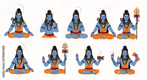 A collection of flat vector illustrations depicting the Hindu god Shiva in various poses, including sitting meditation and holding a trident. Ideal for religious, cultural, or spiritual projects.
