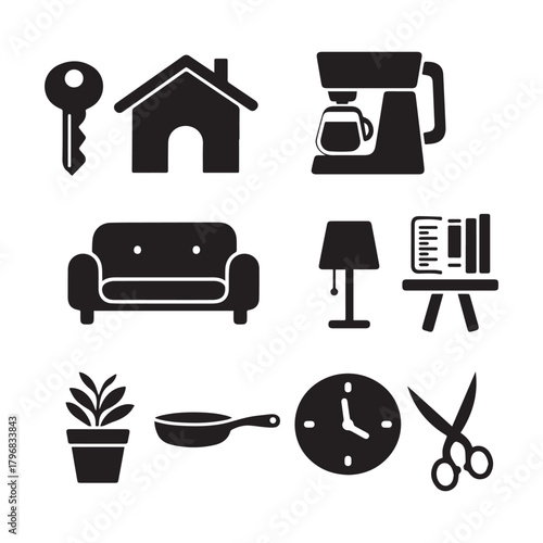  Everyday Domestic Life House, Coffee, Sofa, Book, Lamp, and Home Accessories Silhouettes. 