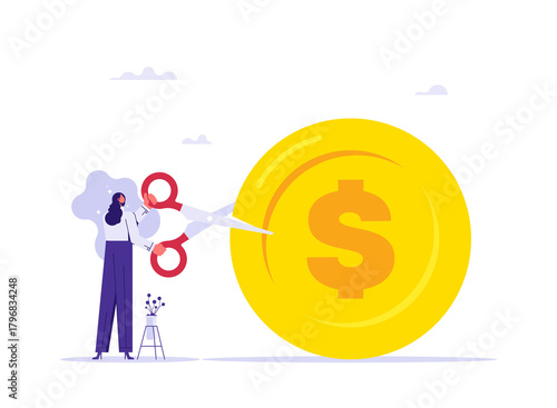 Financial concept of cost reduction management, businesswoman with scissors cutting dollar coin, big discount