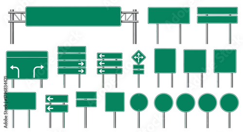 Blank Green Road Sign Vector Set | Customizable Highway Direction Templates