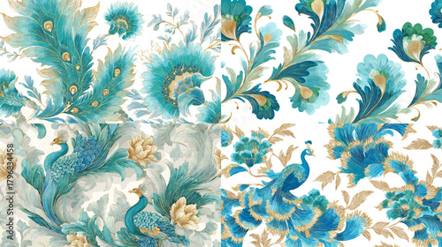 Elegant watercolor peacock floral patterns featuring teal feathers, gold accents, blooming flowers, and ornate botanical motifs in luxurious decorative designs.