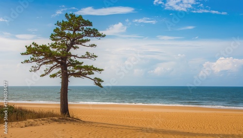 Fototapeta Naklejka Na Ścianę i Meble -  Tilted pine tree on sandy beach, erosion risk