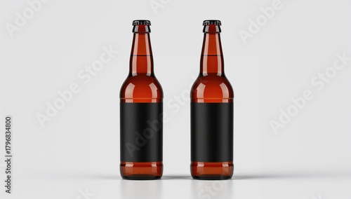 Three tall brown beer bottles with blank black labels, mockup for design use, efficiency
