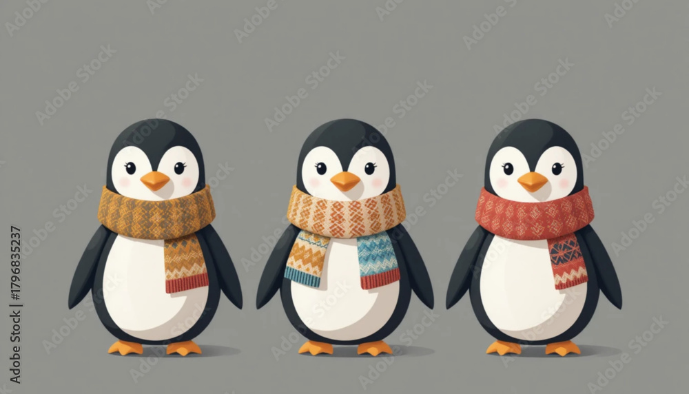 Fototapeta premium Illustration of a penguin wearing a flat colored scarf on a plain background