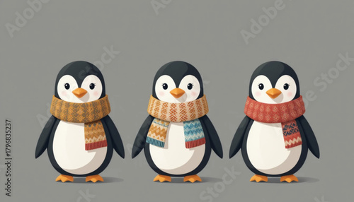 Illustration of a penguin wearing a flat colored scarf on a plain background