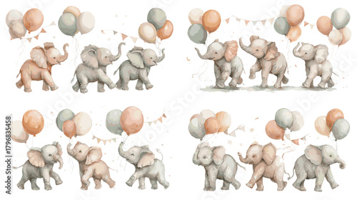 Cute watercolor baby elephants holding balloons in soft pastel tones, ideal for nursery decor, baby shower invitations, kids’ prints, and adorable animal illustration sets.